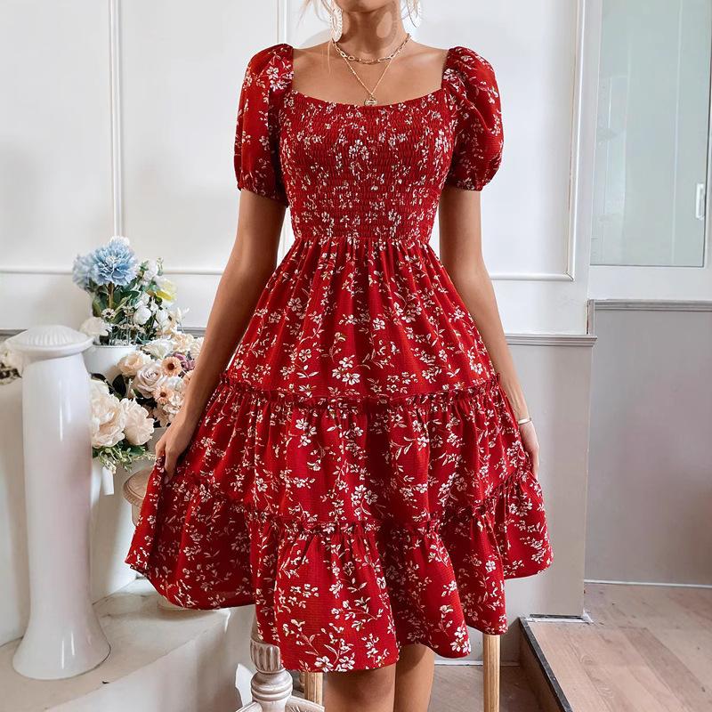 Women Summer Bohemian Casual Short Sleeve Square Collar Flower Printed Holiday One Piece Dress