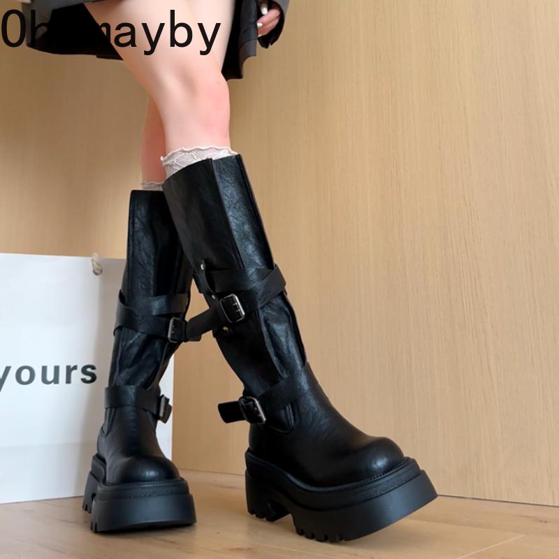 Winter Vintage Punk Style Woman Knee High Boots Fashion Belt Buckle Slip On Shoes Female Thick Bottom Knight Long Booties Shoes