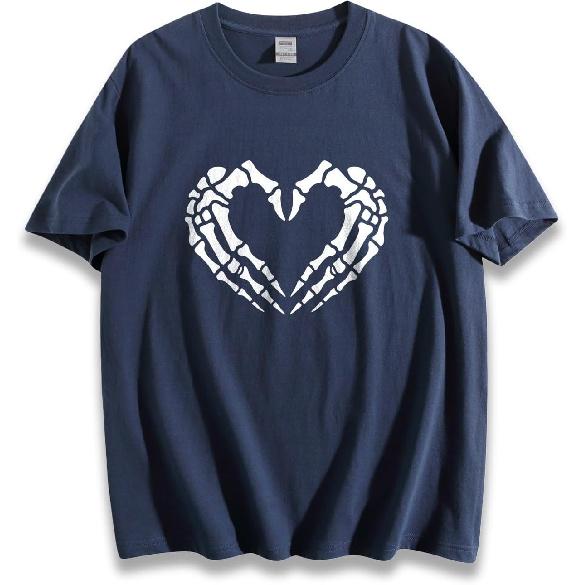 Unisex Loose Fit Crewneck Cotton T-Shirt, Skeleton Hands Forming Heart Shape Gothic Love Halloween Spooky Graphic Tee