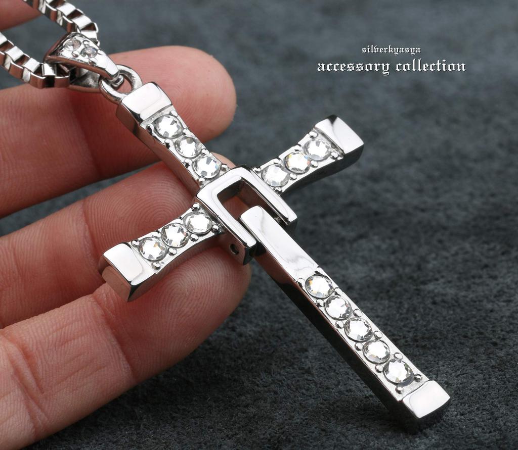 SilverKYASYA 316L Cross Necklace Zirconia Cross Necklace Rosary Necklace Stainless Steel Long Large Cross Men's