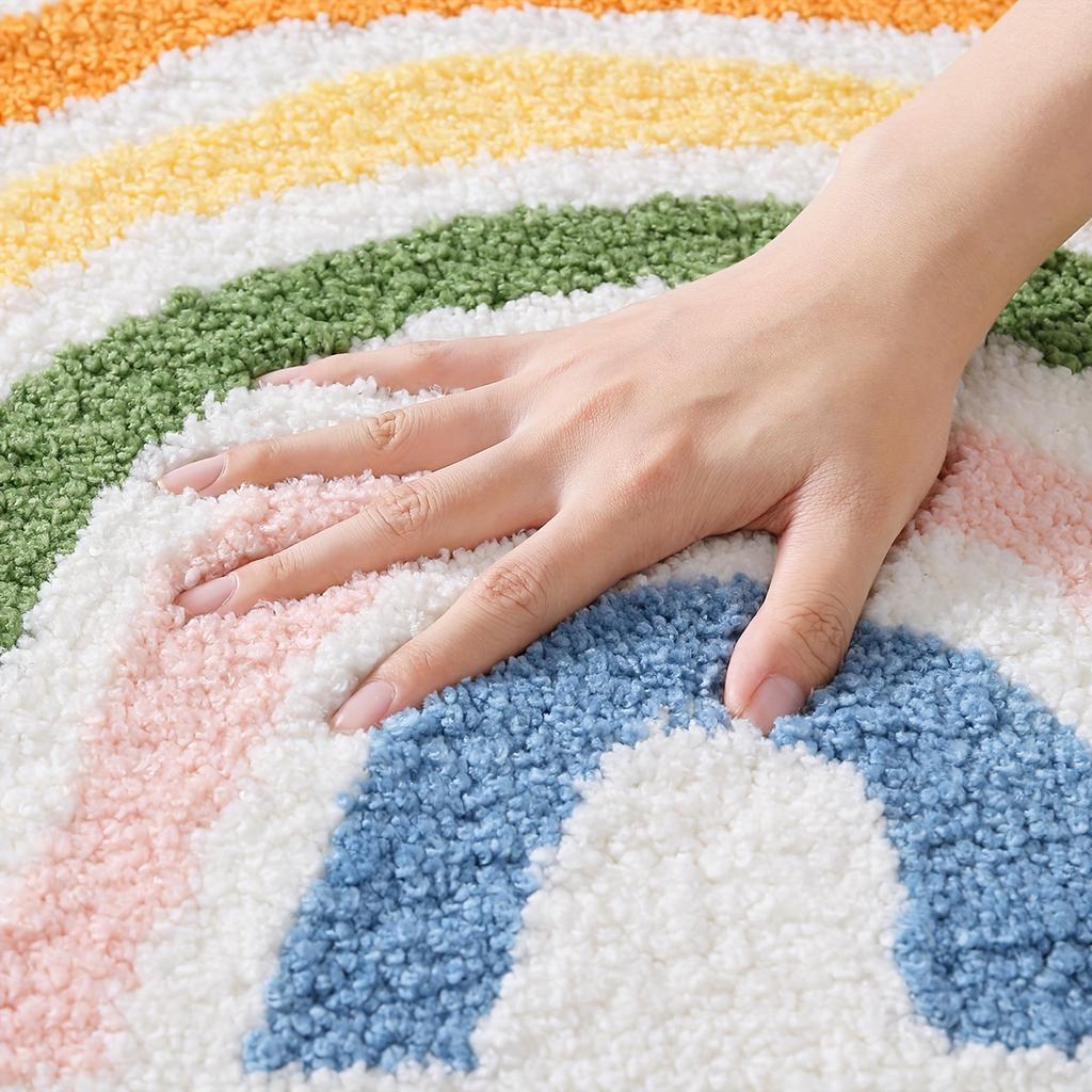 Fluffy Rainbow Bath Rug, Semicircular Polyester Knit Fabric Bath Mat, Absorbent Bathroom Carpet, Fluffy Plush Winter Decor Decoration