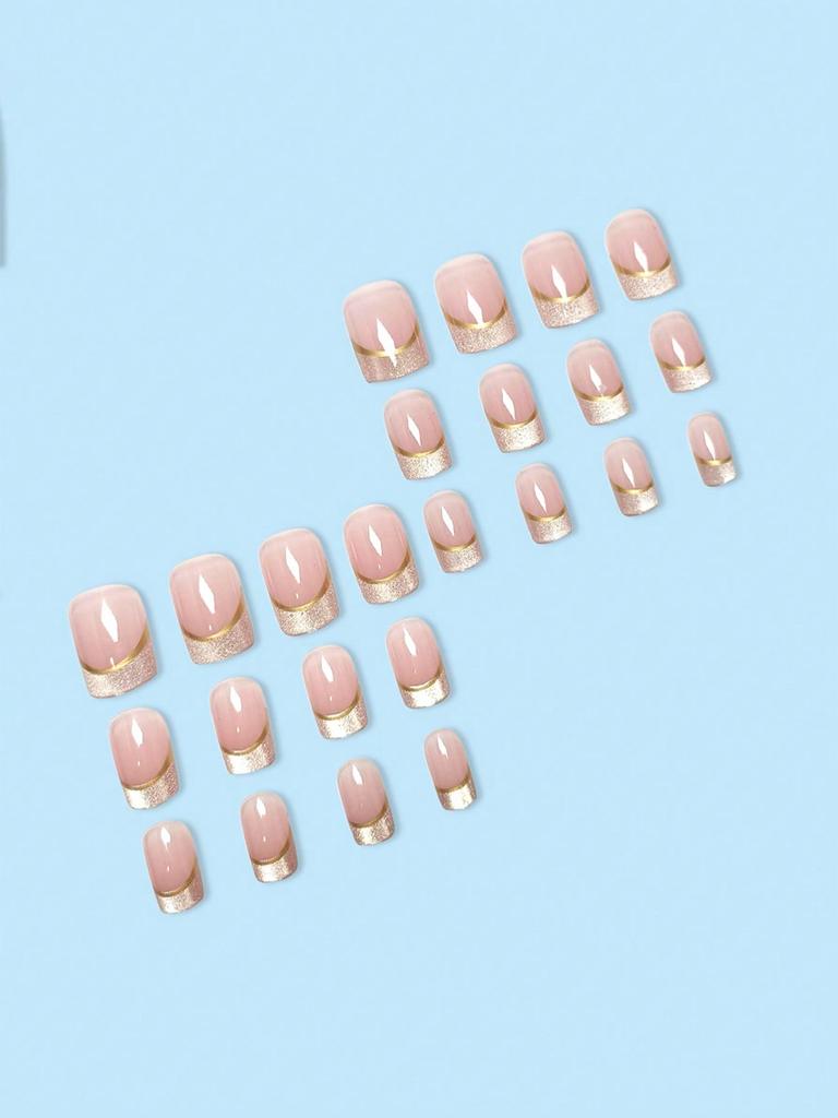 24 Stück Kurze Quadratische Nagelsticker, Nude Grundfarbe Mit Glitzer Spitzen Und Goldenen Linien, Salonqualität, Einfach Zu Benutzen