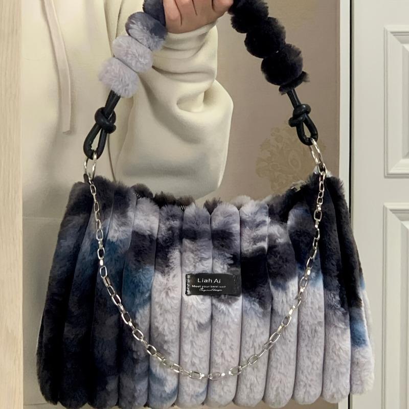 Borsa Tote Grande in Peluche da Donna con Tracolla/Manico Morbida Esterno in Peluche a Strisce Borsa Accogliente per, Viaggio, Uso Quotidiano