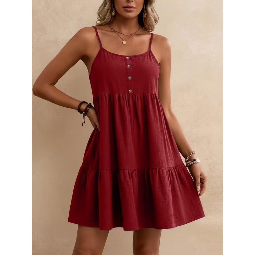 Women s U Neck Spaghetti Strap Single Breasted Tiered Loose Fit A Line Mini Casual Summer Dress S бордовый