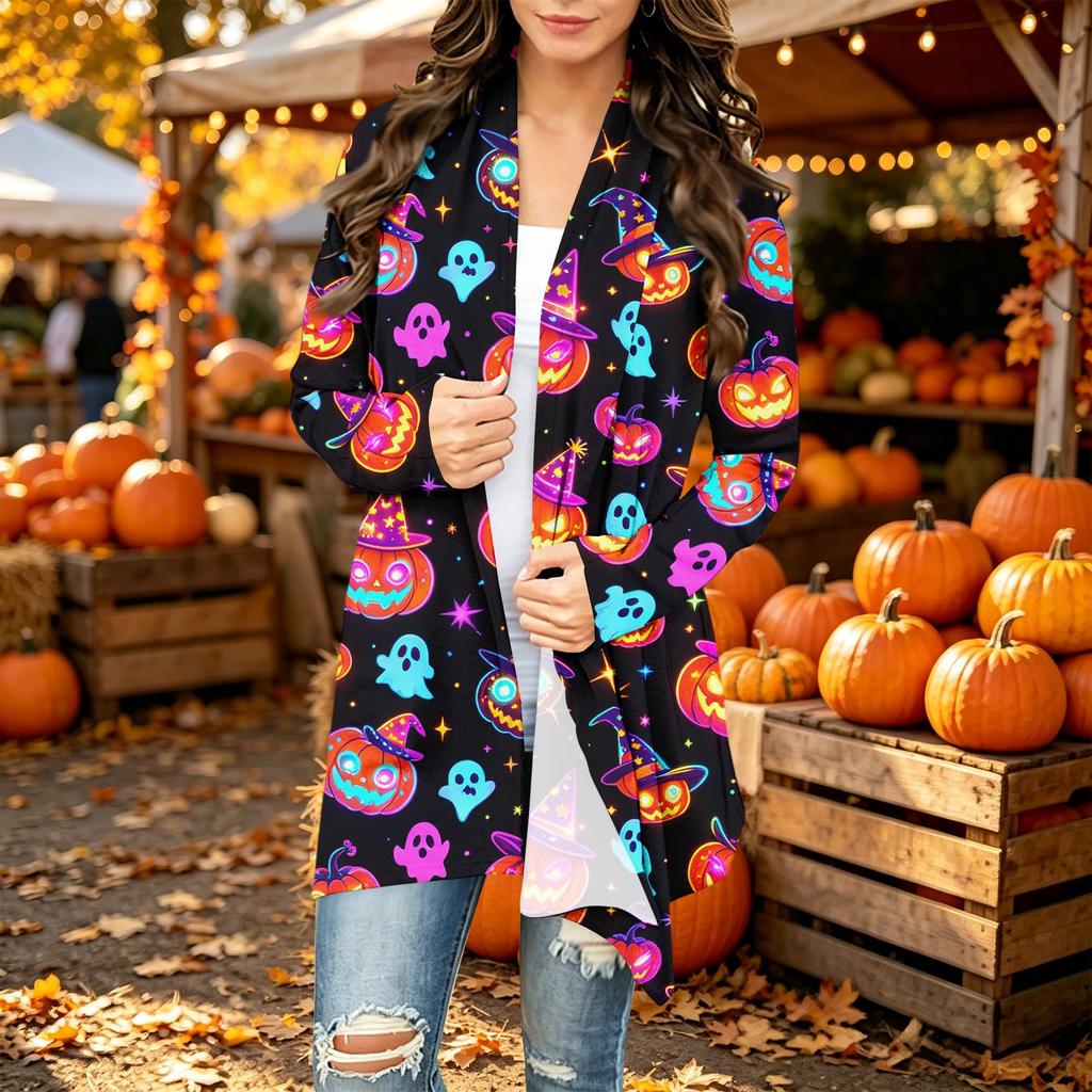 Damen Trendy Halloween-Print Langarm-Strickjacke Pullover für Lässige Herbstmode