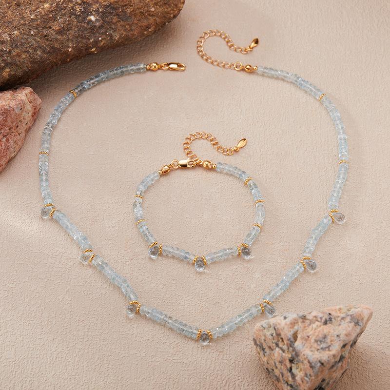 Natural Gemstone Beaded Aquamarine Necklace Women'S S925 Sterling Silver Colored Jewelry Collarbone Chain Earrings