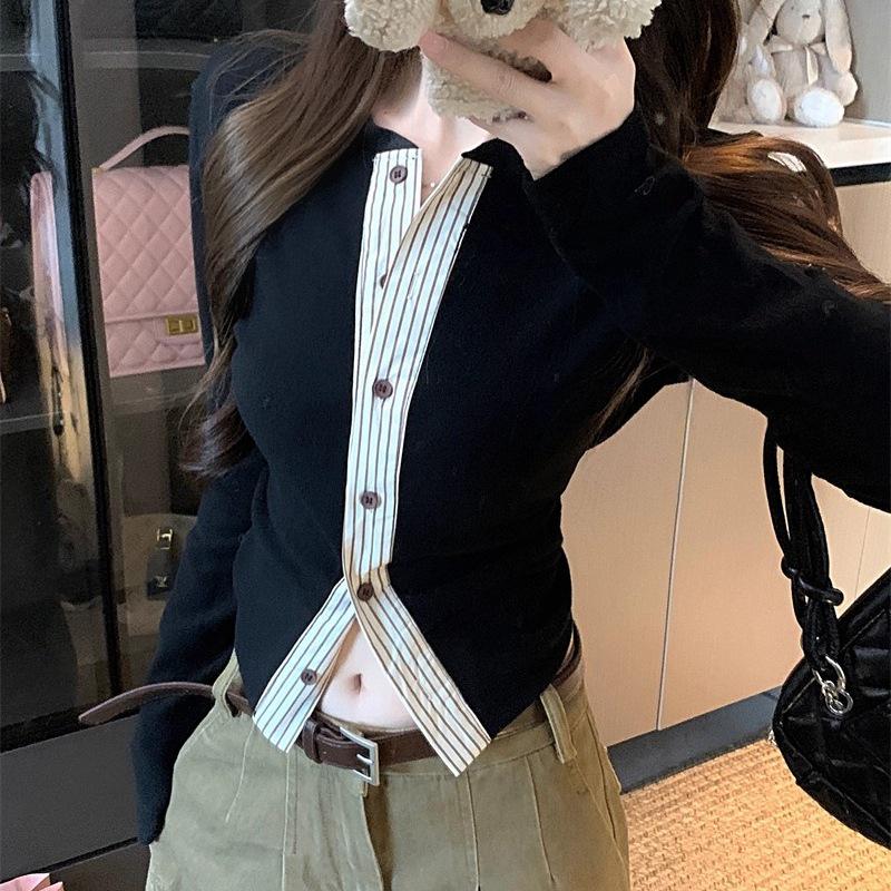 

Женский осенний топ в стиле French Chic, color block, пэчворк, на пуговицах, с длинным рукавом Extra Large чёрный