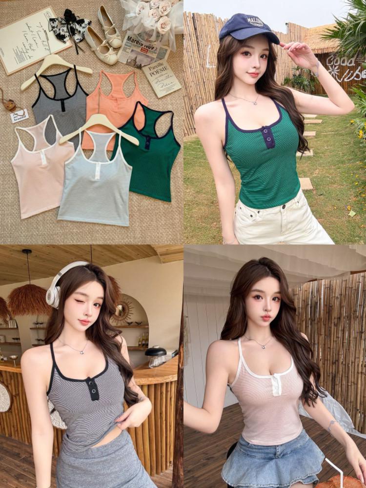 Spring/Summer Korean Slimming Striped Color Block U-Neck Backless Camisole for Women