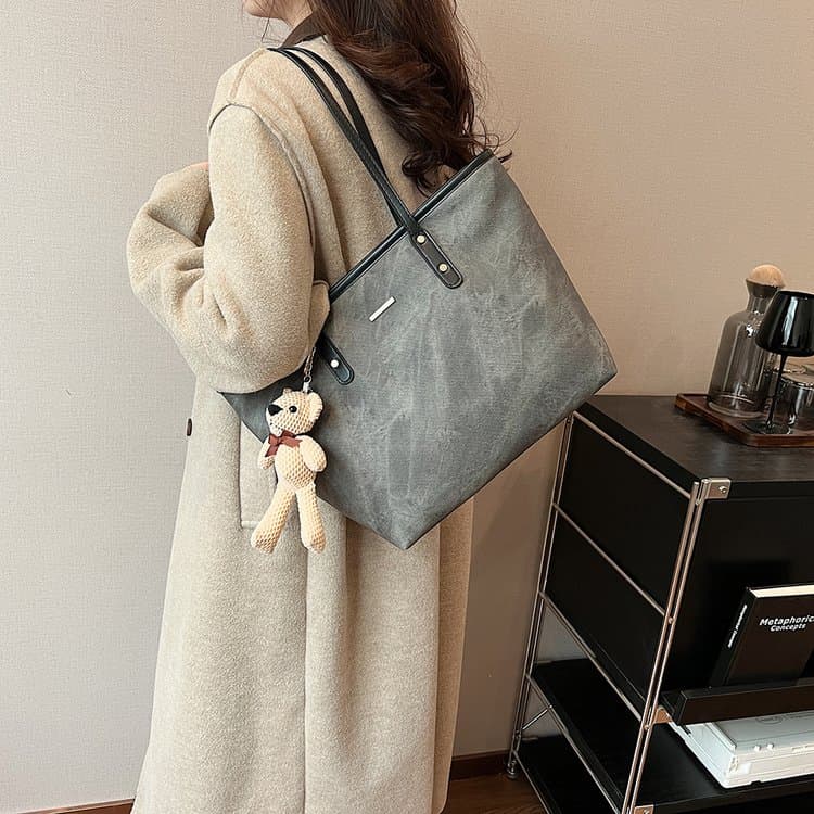 Light gray old polished coffee leather edge tote big bag серый