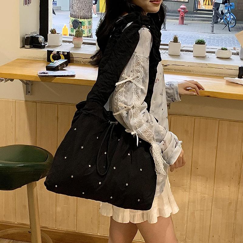 Small clear literary canvas bag women's summer 2025 new trendy Korean pleated tote bag versatile large capacity bag