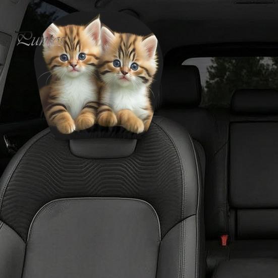 Personalized Car Interior Decor 2Pcs Cute Cat Headrest Covers, Breathable Auto Seat Covers Protectors, Stretchy Universal Accessories for SUV