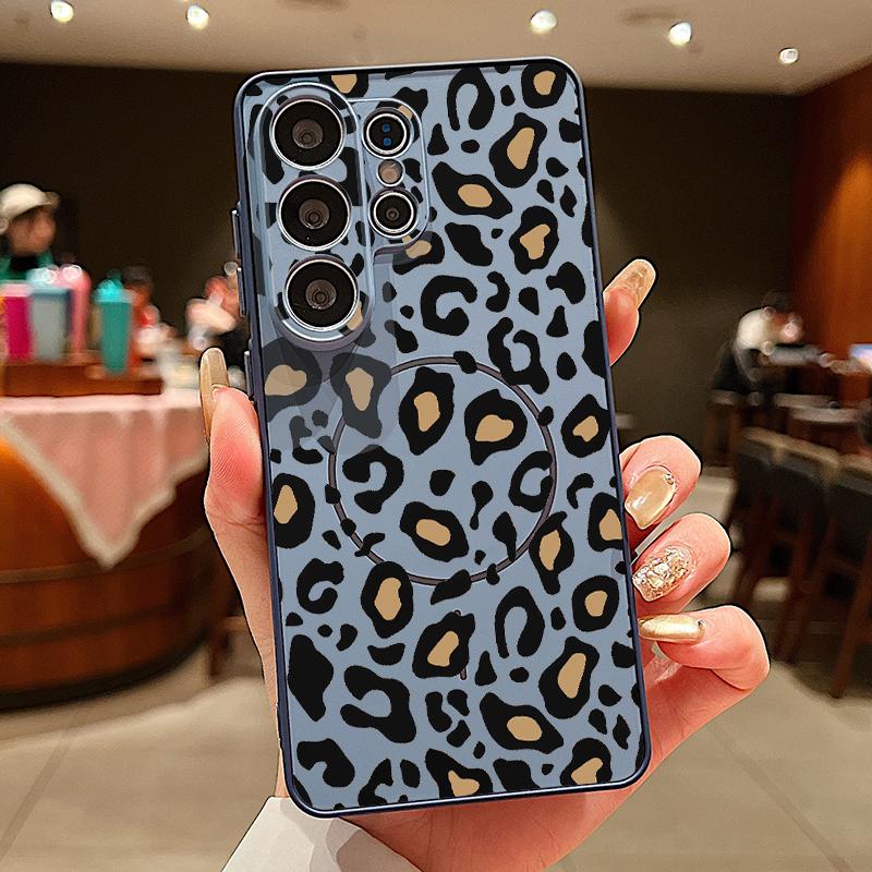 Magnetic For Magsafe Case For Samsung Galaxy S26 Ultra S25 Edge S24 Plus S23 FE S22 A54 A55 A56 5G Yellow Leopard Print Matte Cover