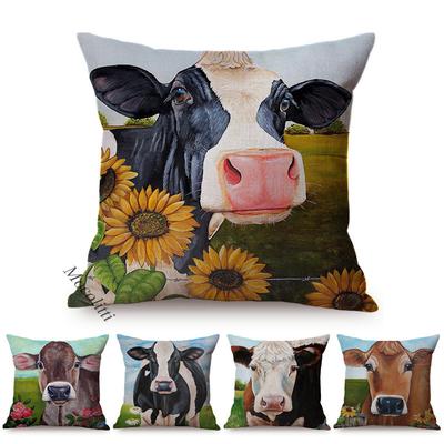 Nordic Cartoon Style Throw Pillow Case, Car Chair Square Cushion Cover, Farm, Cow, Garden, Sunflower, Sofa Decoration