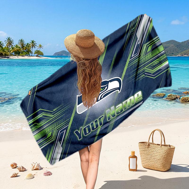 Seattle Seahawks Customized Name Text Beach Towel, Soft Absorbent Towel Beach Pool Travel Personal Gift