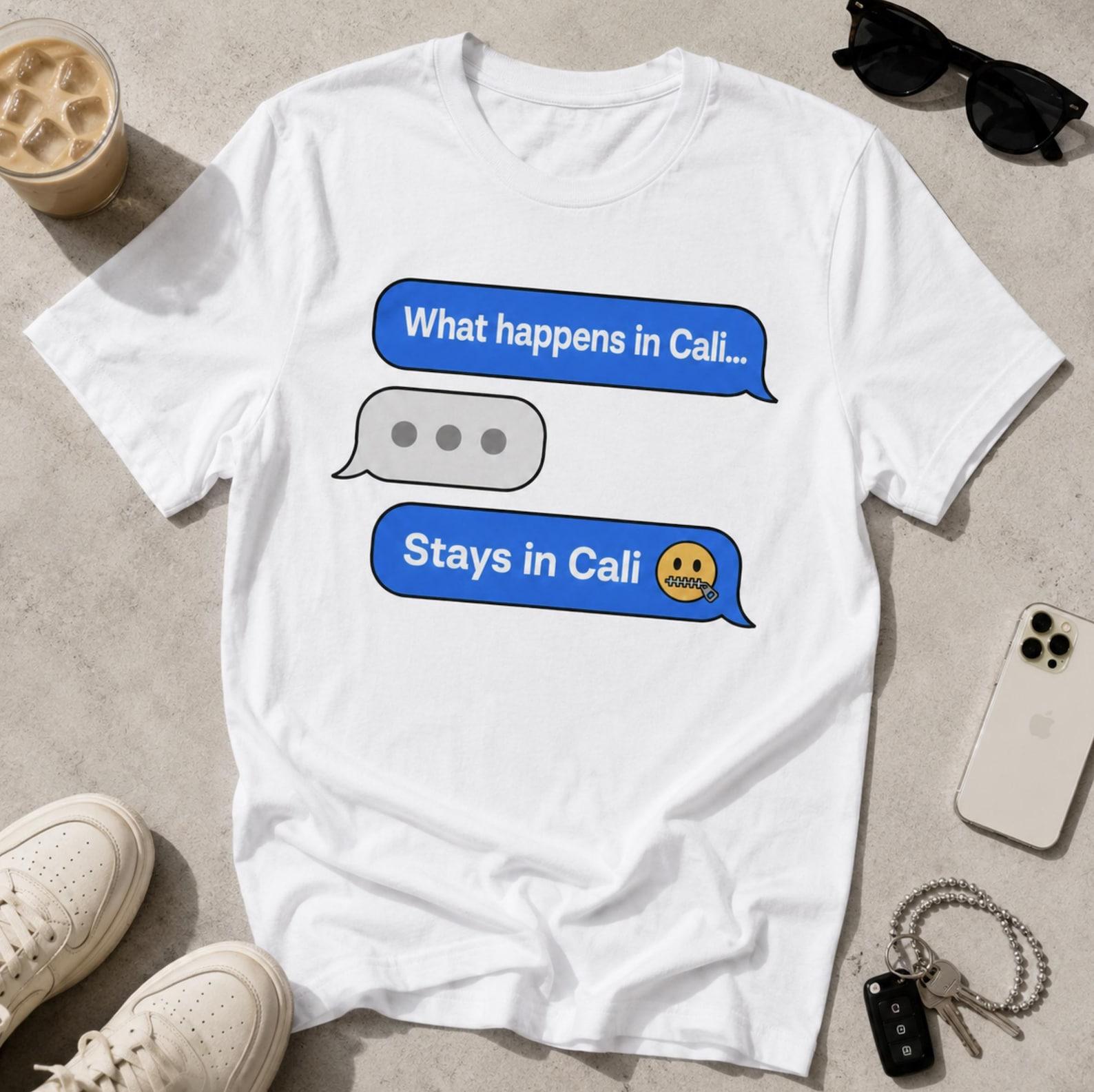 What Happens In Cali Stays Here T-Shirt – Funny Text Message Graphic Tee S