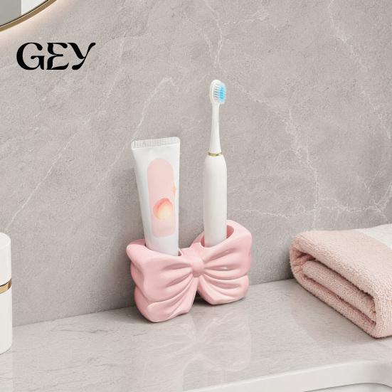 Cute Bow Bathroom Ornament 3D Printed Toothbrush Holder, Adhesive Cup with Dual Holes for Counter Organizer & Toothpaste, Decor, Minimalist