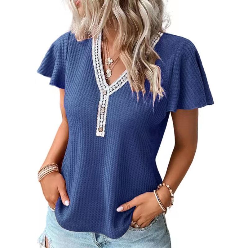 Women's Solid Color V Neck Waffle Panel Short Sleeve T-Shirt