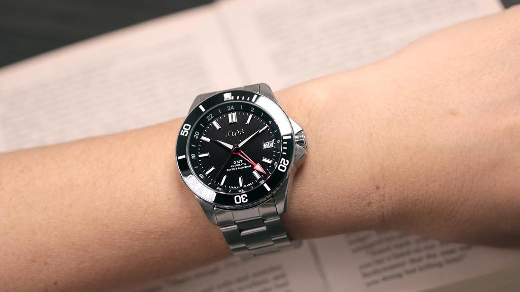 JIOS GMT DIVER'S104 GMT Diver's Watch, Made In Japan, Automatic, Men's, Stainless Steel Strap, Sapphire Crystal, Black