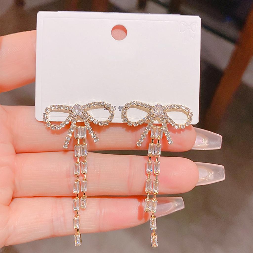 S911 silver needle charm zircon bow long fringed stud earrings women's light luxury niche super fairy temperament earrings