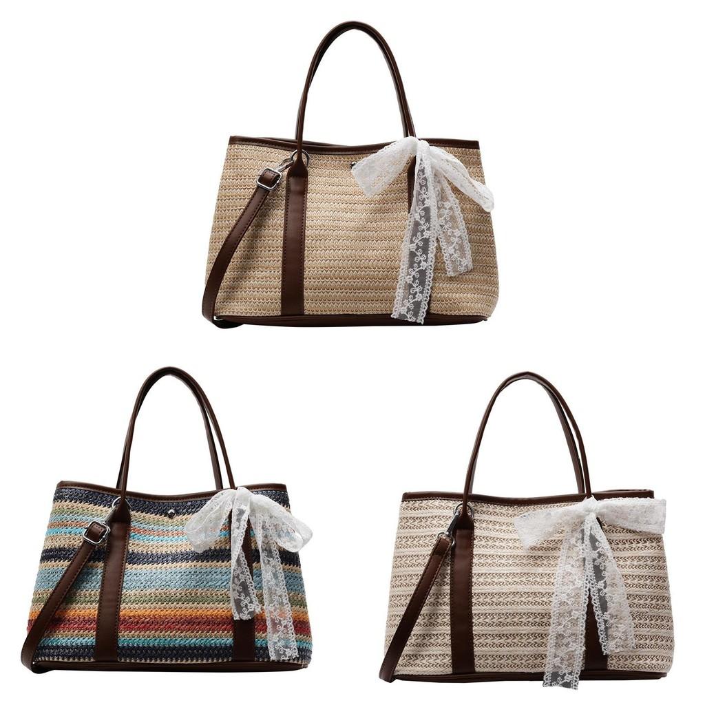 Korean Style Rainbow Straw Woven Shoulder Bag With Polyester Lining For Urban Outings