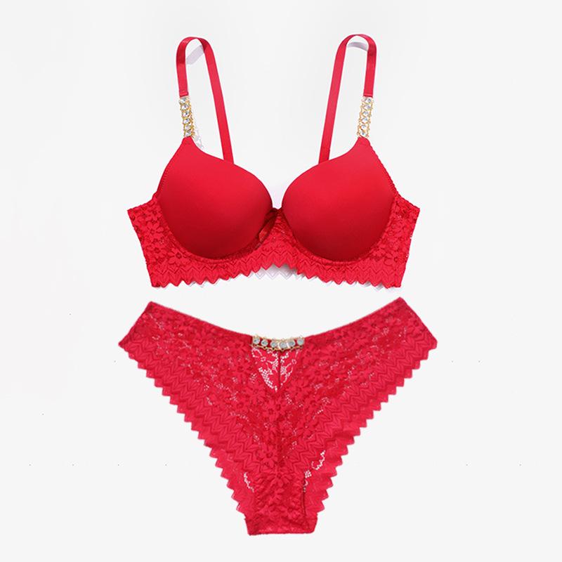 Elegant Rhinestone Lace Bra Set with Metal Chain Straps, Off-Shoulder Push-Up B Cup