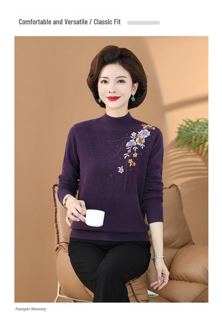 All-Wool High Neck Knitted Sweater for Middle-Aged & Elderly Women - Autumn/Winter 2023 Fashion