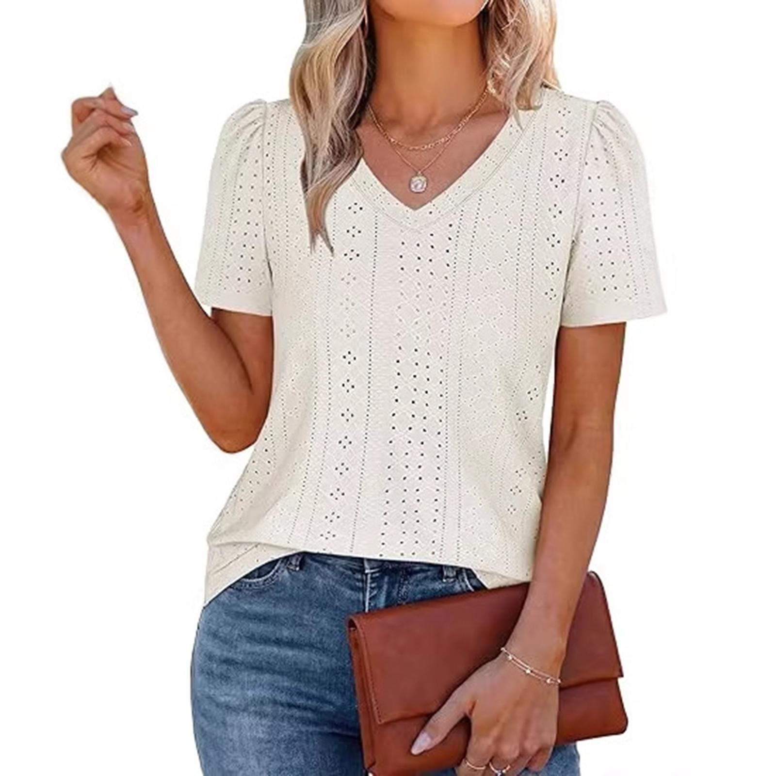

Women s Jacquarded V-neck Top T-shirt Short Sleeve Versatile Hollow Top XL білий