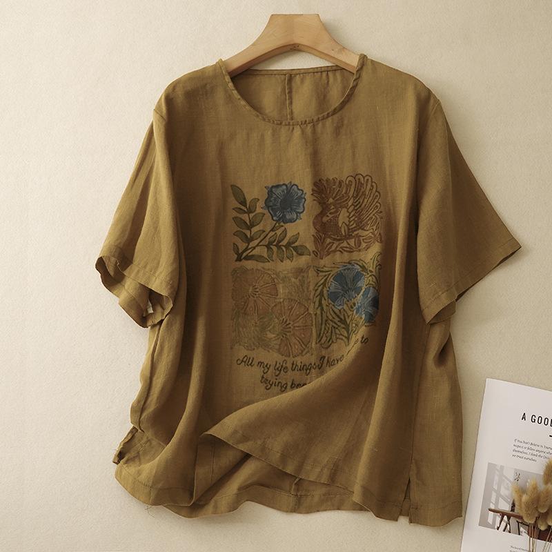 

Women s Summer Cotton Linen Printed Doll T-Shirt - Round Neck, Casual, Slimming, Versatile. 2XL хакі