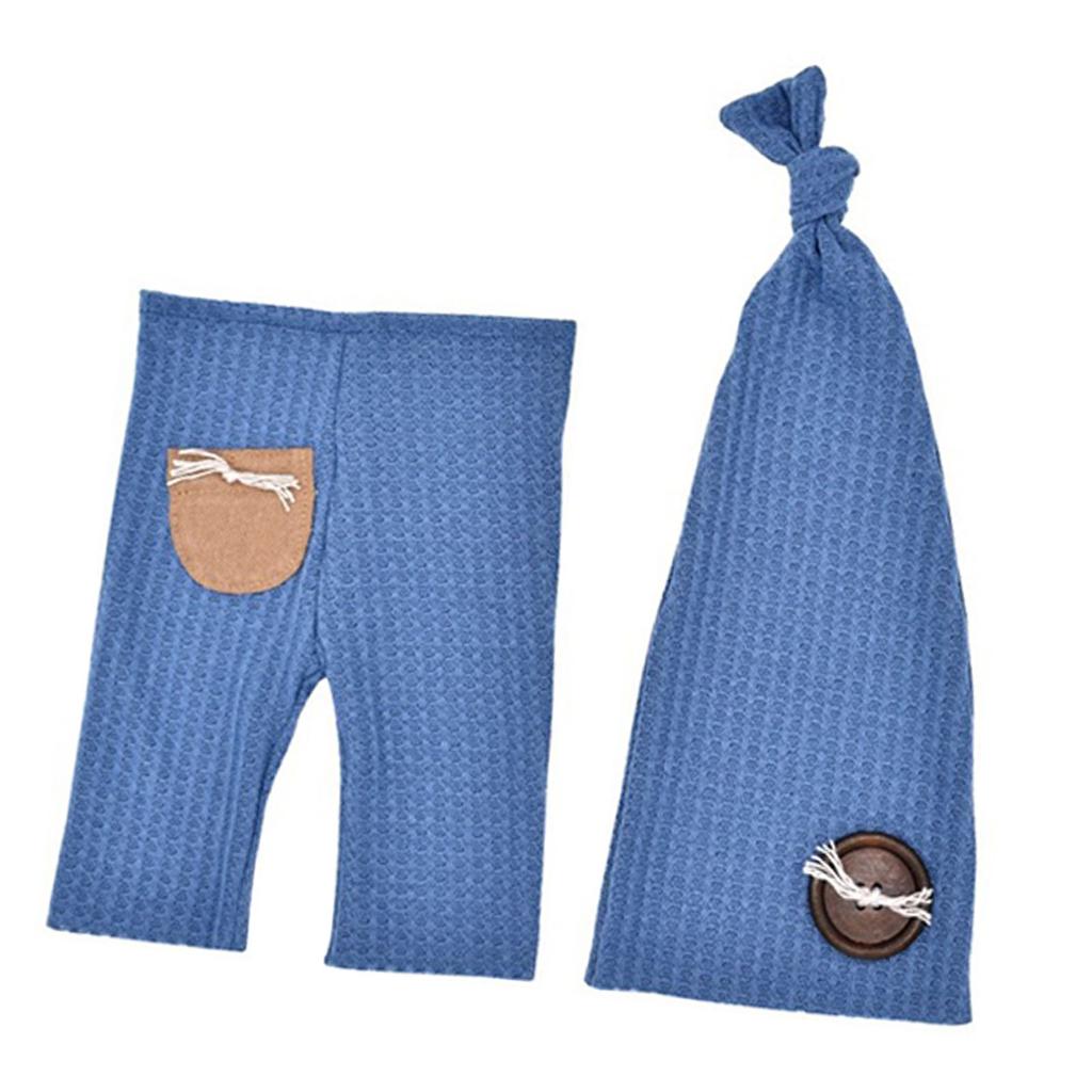 NewBorn Photo Outfit Blue Clothes Pants Tailed Hat Crochet Soft Breathable Wood Button Photo Props for Infant Toddlers