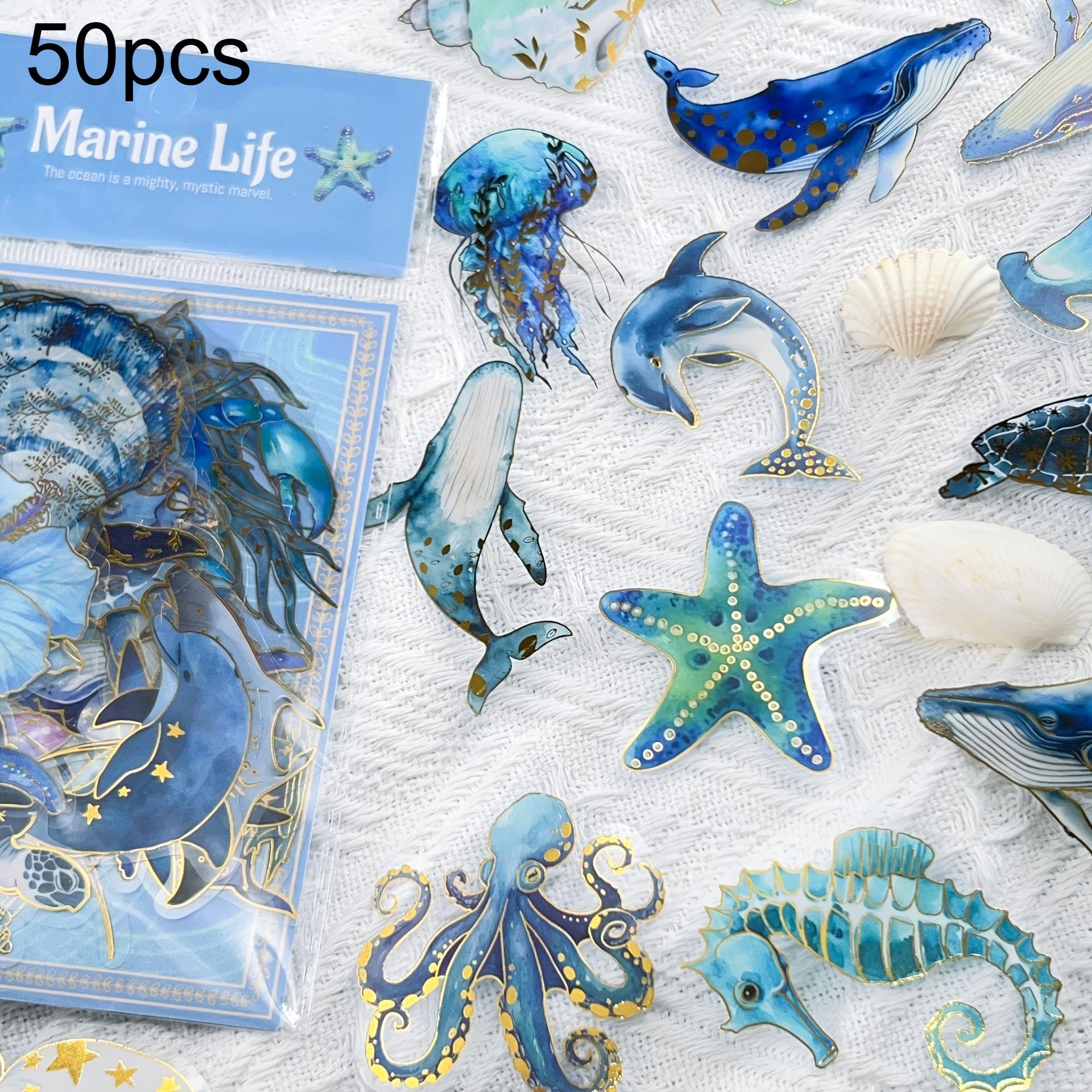 

50pcs Marine Creature Stickers Hot-Stamping Golden PET Transparent Material Computer Notebook Water Cups Holiday Gift Decoration