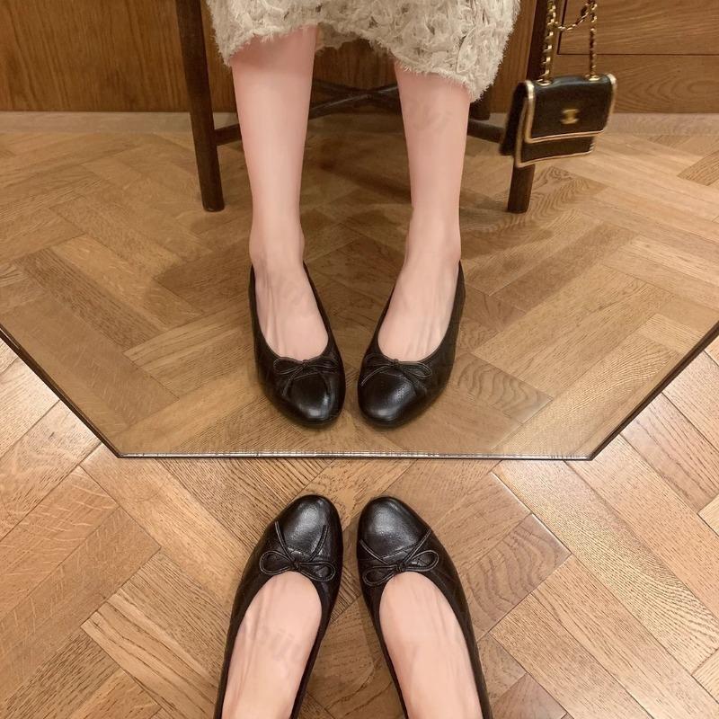 Women's Ballet Flat Shoes 2026 Spring New Round Toe French Elegance High-quality Leather Shoes Bow Comfortable Casual Shoes