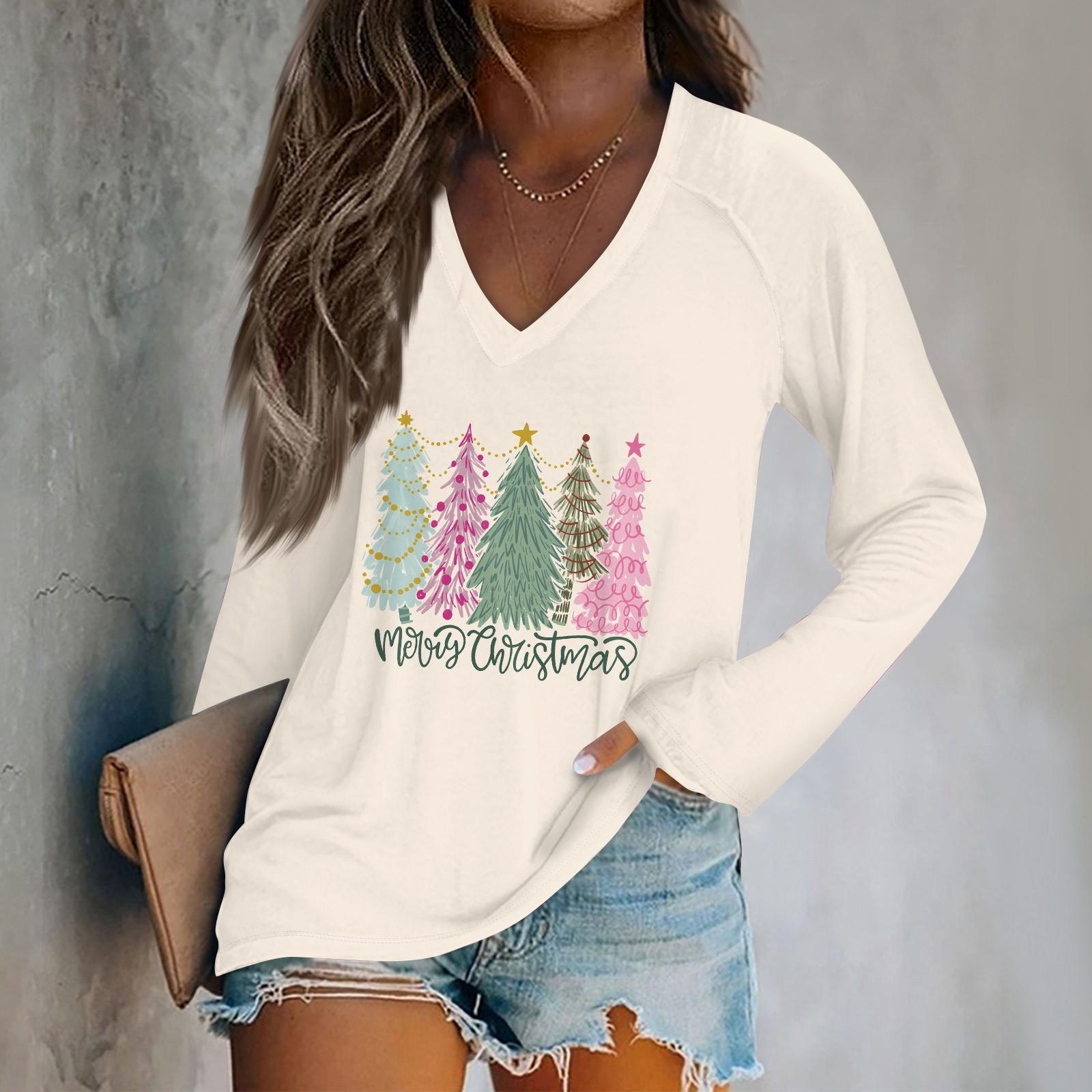 

Женская повседневная мода рождественский графический принт повседневный принт длинный рукав О-образный вырез пуловер топ блузка S розовый