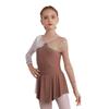 Girls Shiny Rhinestone Dress Long Sleeve Patchwork Contrast Color Skating Dance Performance Costume