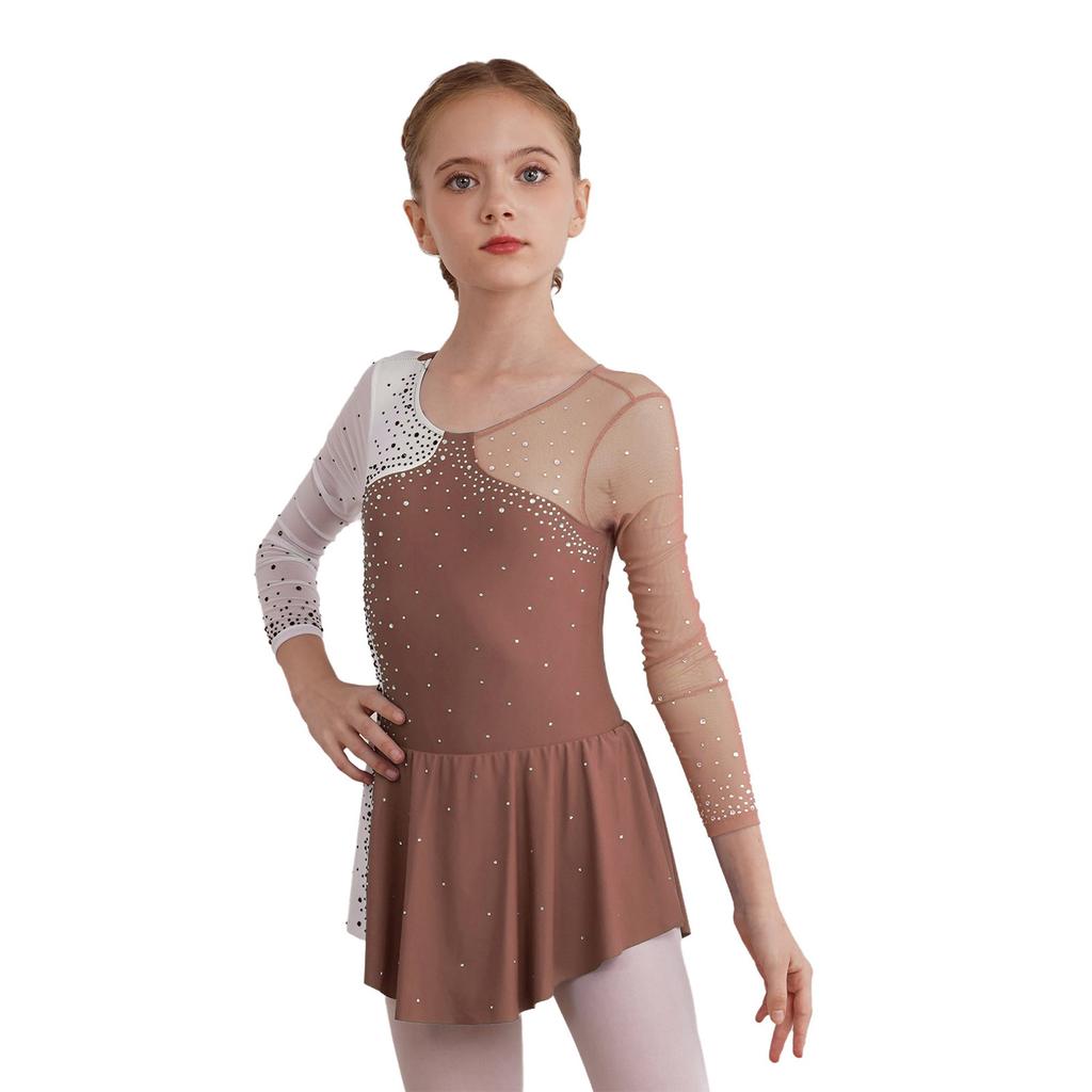 Girls Shiny Rhinestone Dress Long Sleeve Patchwork Contrast Color Skating Dance Performance Costume