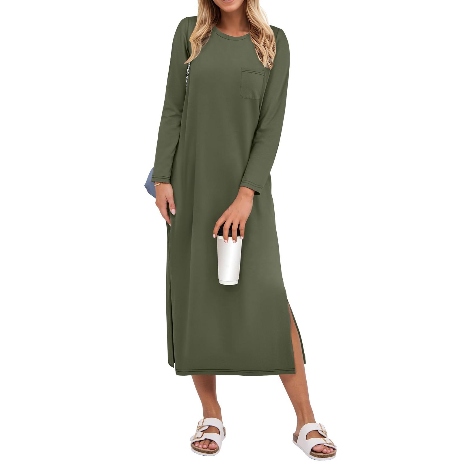 

Women s Fashion Casual Dress Round Neck Long Sleeve Dresses L армія зелений колір