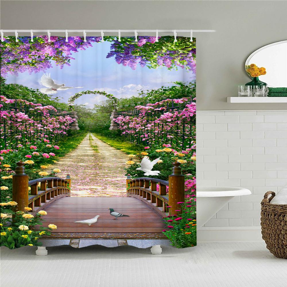 European Flowers Scenery Garden Shower Curtain, Rustic Nature Landscape Path Arch Decor Bath Curtain For Shower Stall Bathroom