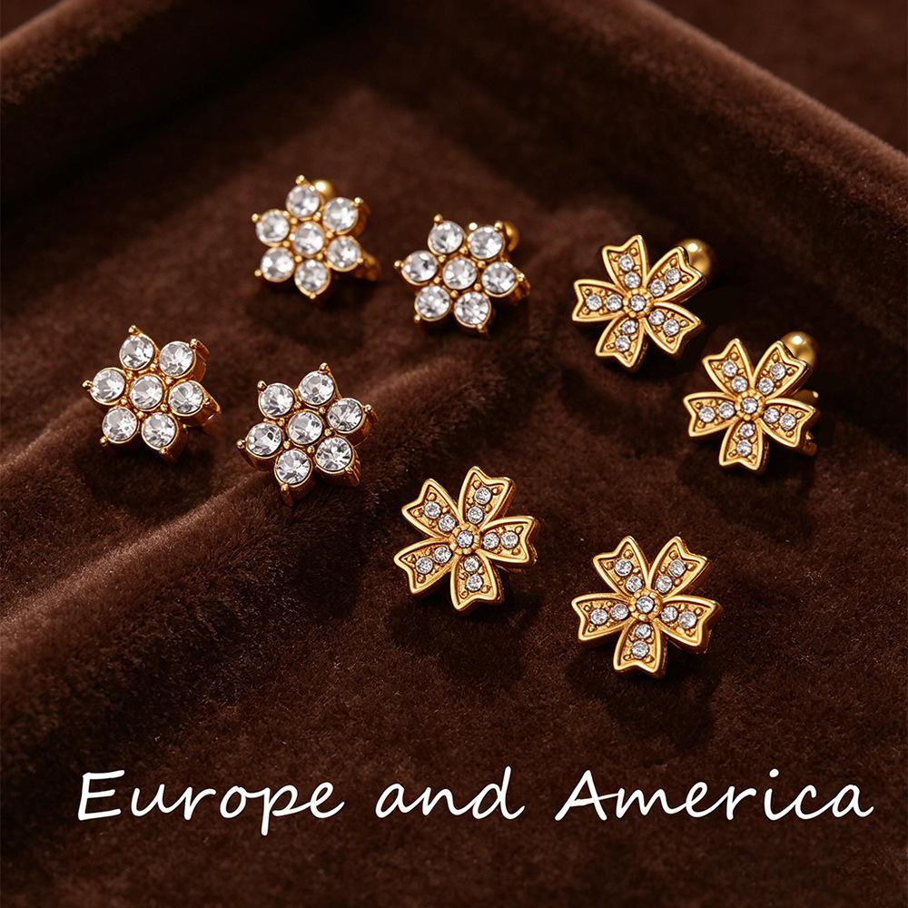 Fashion Sweet Wind Flower Coconut Tree Plant Stud Earrings Stainless Steel Gold Plated Diamond Piercing Earrings