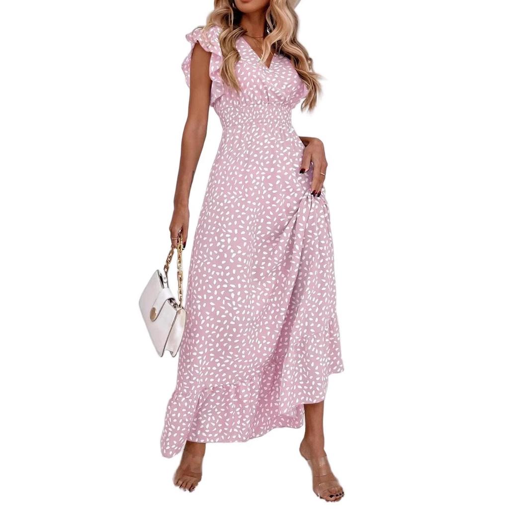 European & American Women's Fashion Spring/Summer 2025 V-Neck Waist-Hugging Long Dress Ruffle Elegant Style