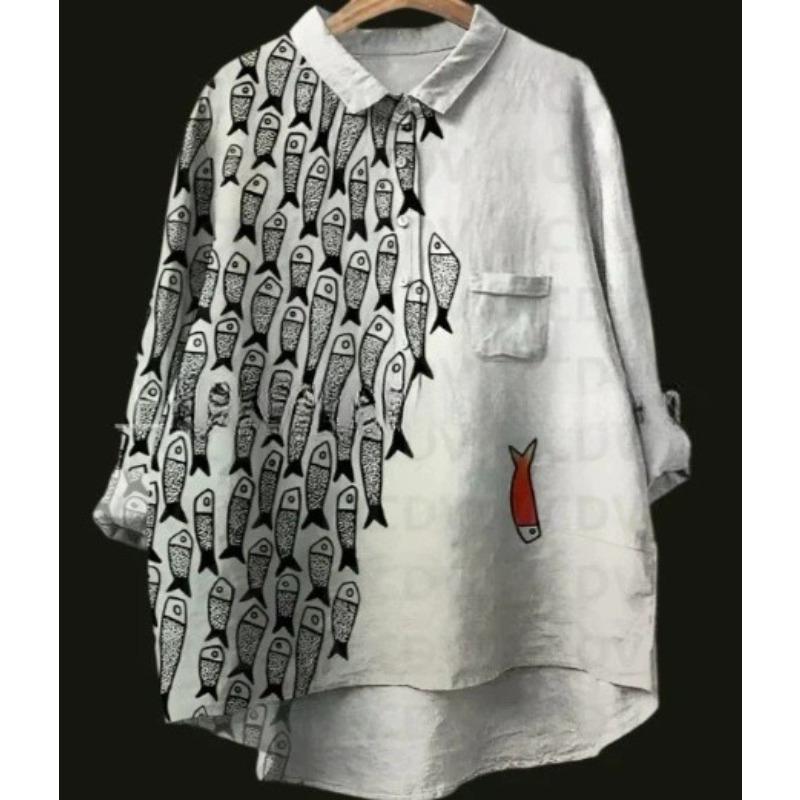 Summer Women's Loose Printed Round Neck Casual Plus Size Women's Long Sleeve T-shirt
