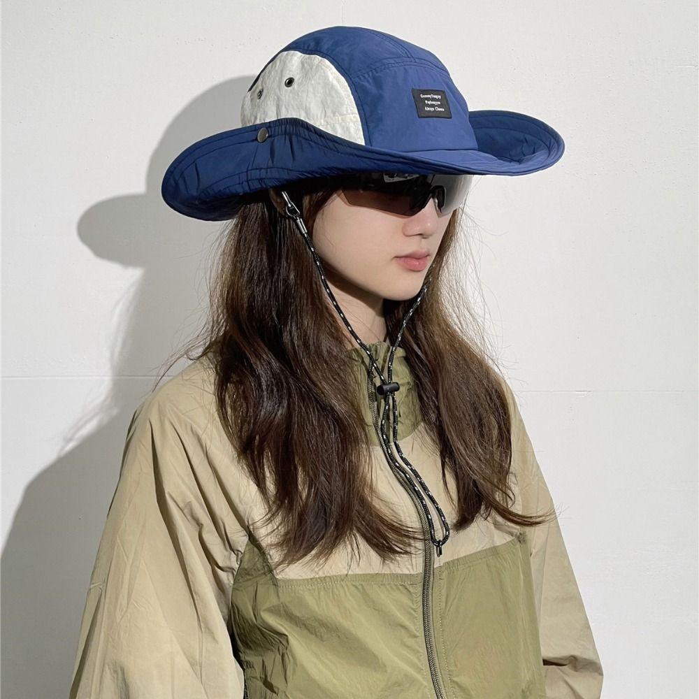 Cotton Drawstring Fisherman Hat Splicing Color Hiking Hat Wide Brim Sun Hat  Mountaineering