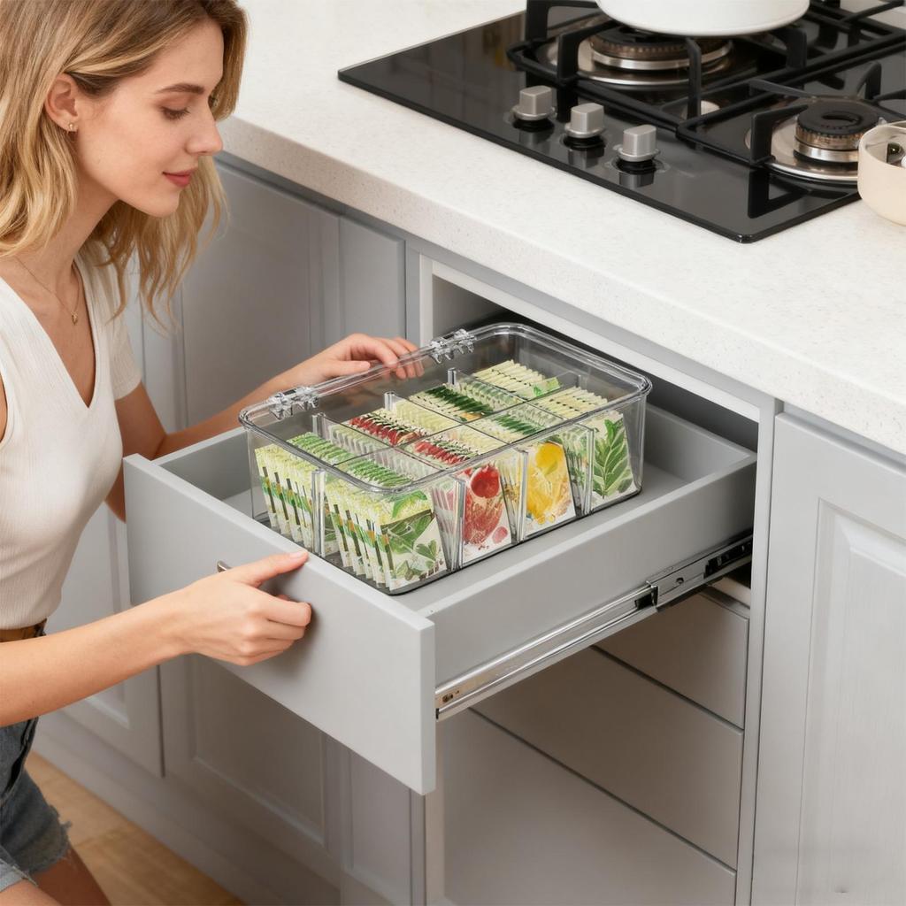 Tea Storage Organizer Clear Box With Removable Dividers Packet Storage Tea Bag Holder Organizer For Kitchen Cabinet Counter