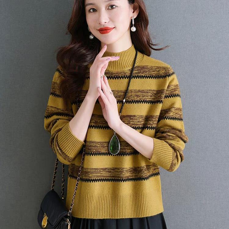Half Turtleneck Striped Sweater for Women In Autumn and Winter Base Blouse Updated Style Stylishable Knitted Sweater