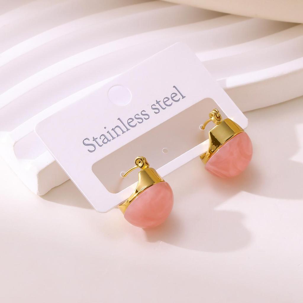 Elegant Multi-color Stainless Steel Hoop Earrings - Women's Autumn/Winter French Retro Style with Round Ball and Water Drop Design.