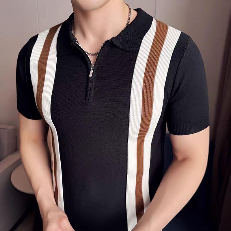 

Светлая зрелая британская стильная трикотажная рубашка поло с коротким рукавом в стиле колор-блок и вертикальную полоску, ретро-тренд, мужская прохладная свободная рубашка поло 3XL чёрный