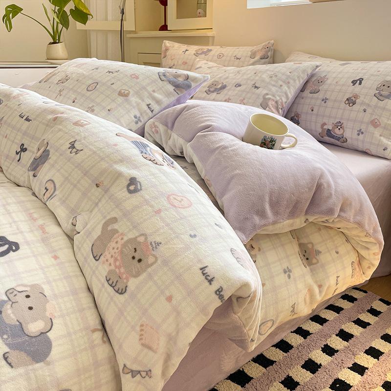 Thickened Milk Fleece Bed Four-Piece Set Warm Coral Fleece Bed Sheet Quilt Cover Three-Piece Bedding