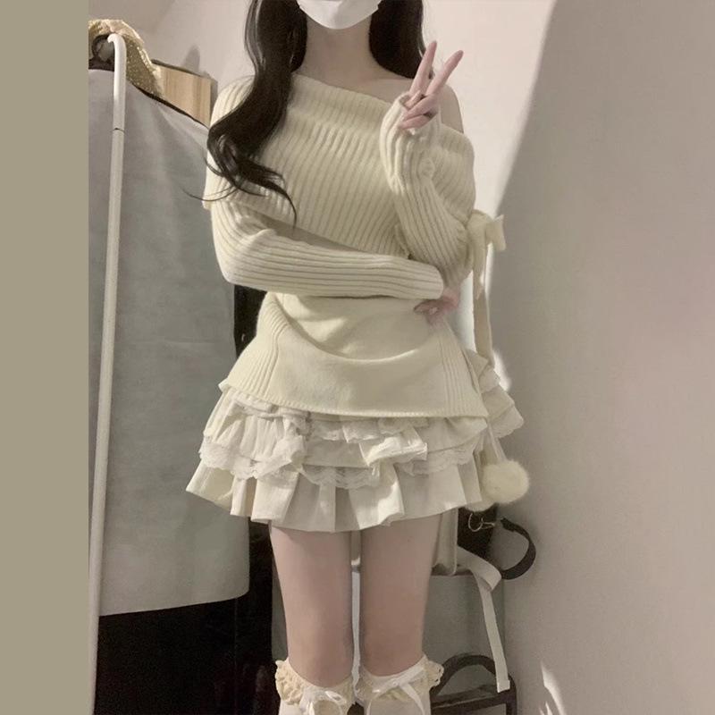 2024 Raně podzimní pletený svetr s mašlí odhalující ramena pro ženy