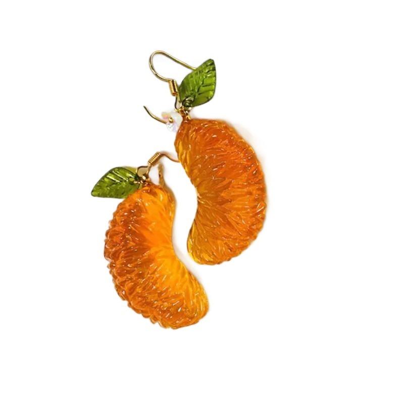 Orange-inspired Drop Earrings - Citrus Fruit with Green Leaf, Glossy Resin Y2K Jewelry, Sweet Summer Gift for Women