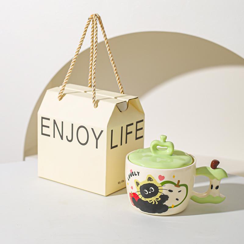 Creative Apple Cat Mug with Lid High Pretty Couple Ceramic Cup Souvenir Gift Cup for Best Friends Breakfast Cup