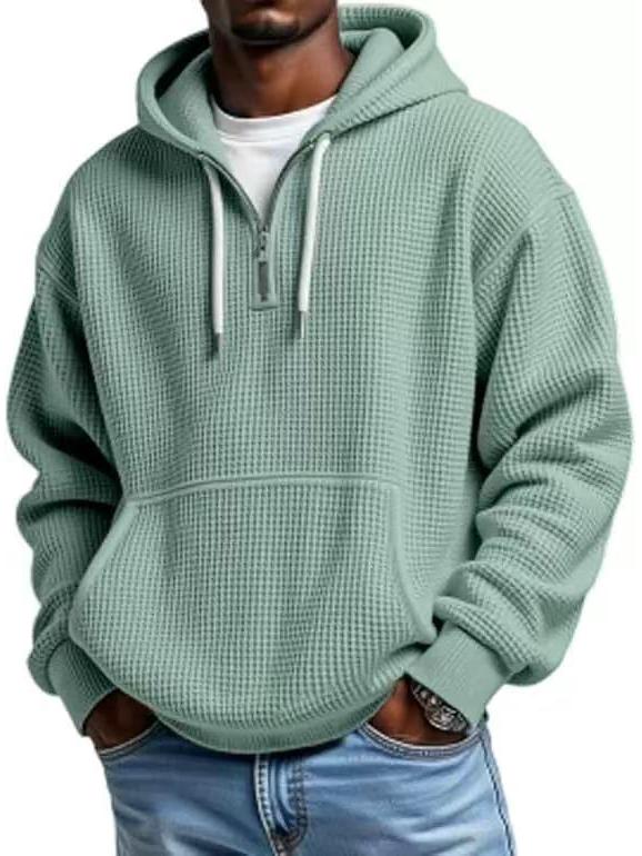 European Heavyweight Waffle Long Sleeve Hooded Sweatshirt - Men's Loose Fit, Pure Color, Casual Style