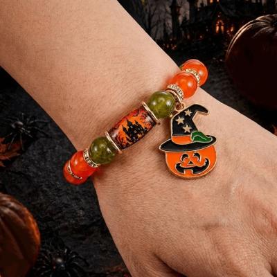 Colorful Beads Beaded Bracelet Elastic Ancient Castle Pumpkin Bracelet Pumpkin Bracelet  Halloween